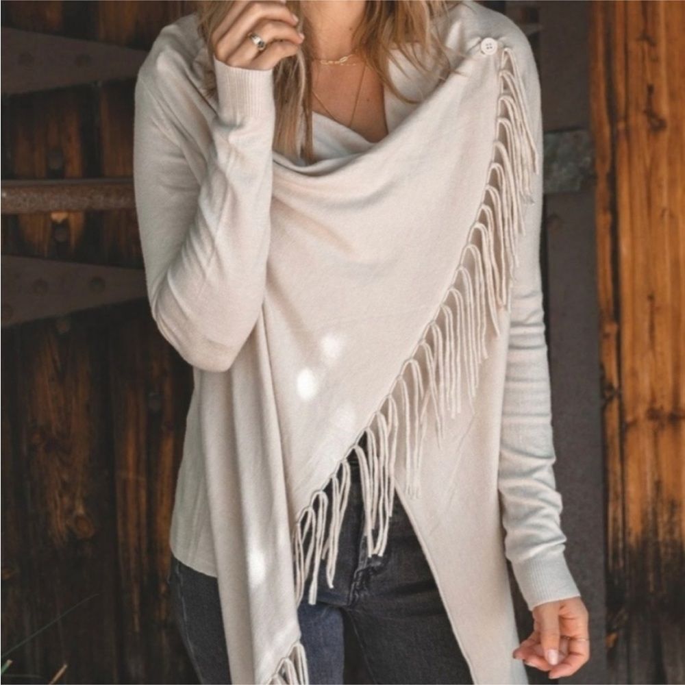 Lovestitch Fringe Wrap Knit Sweater Tan Soft Cozy Cardigan Convertible Size XS